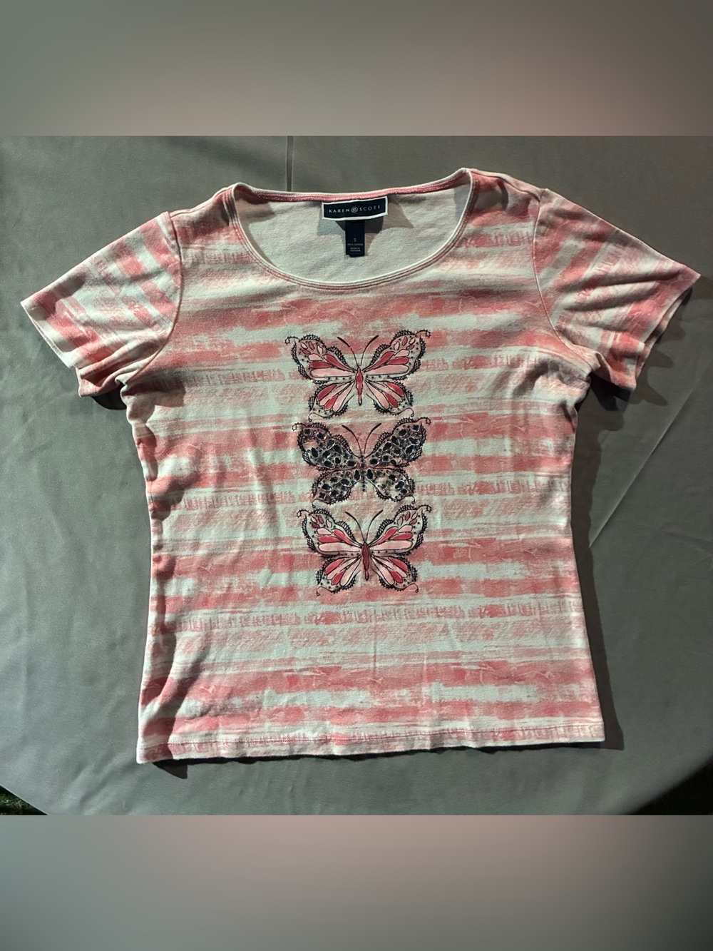 Karen Scott Pink Striped Butterfly Tee